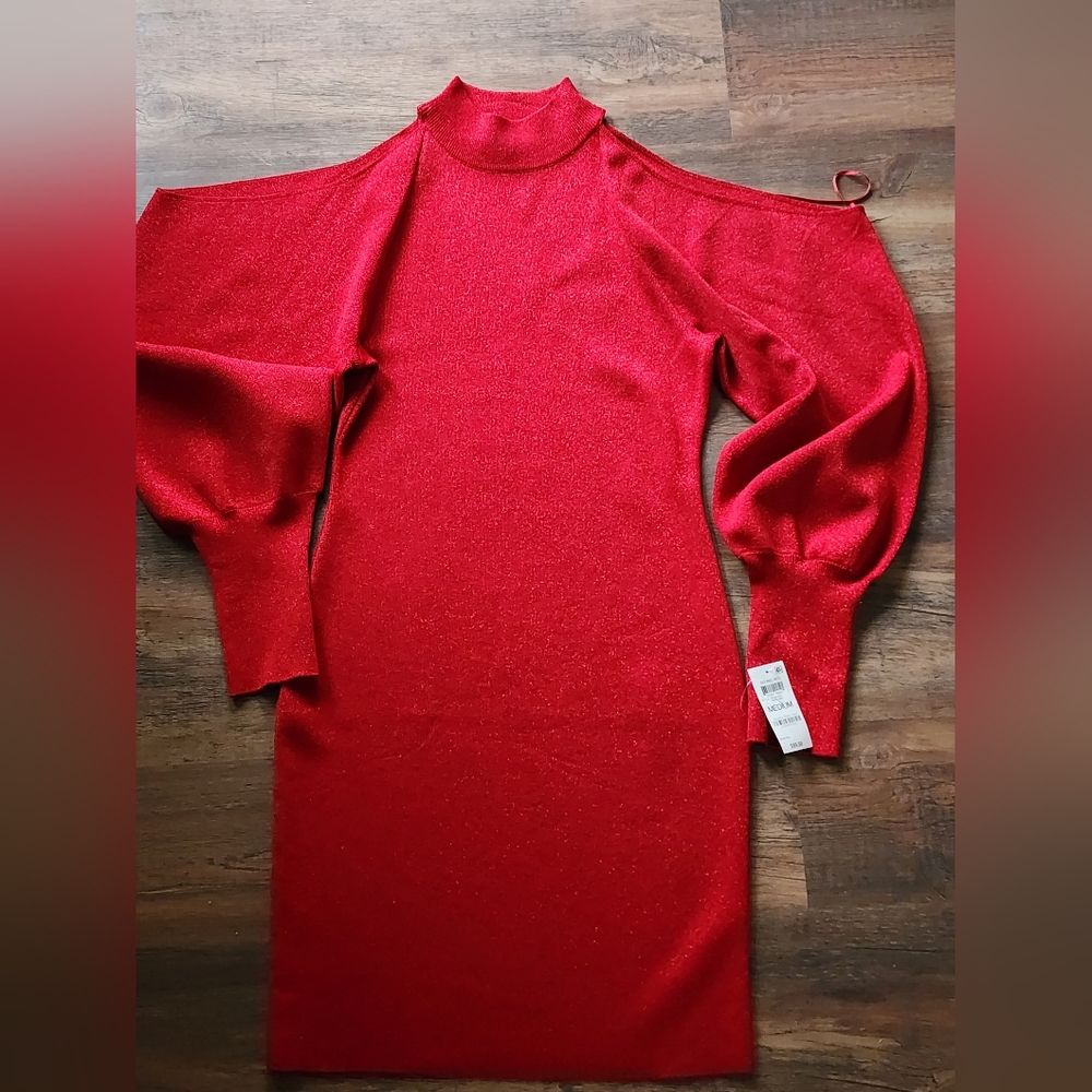 INC International Concept red cold shoulder sweater dress